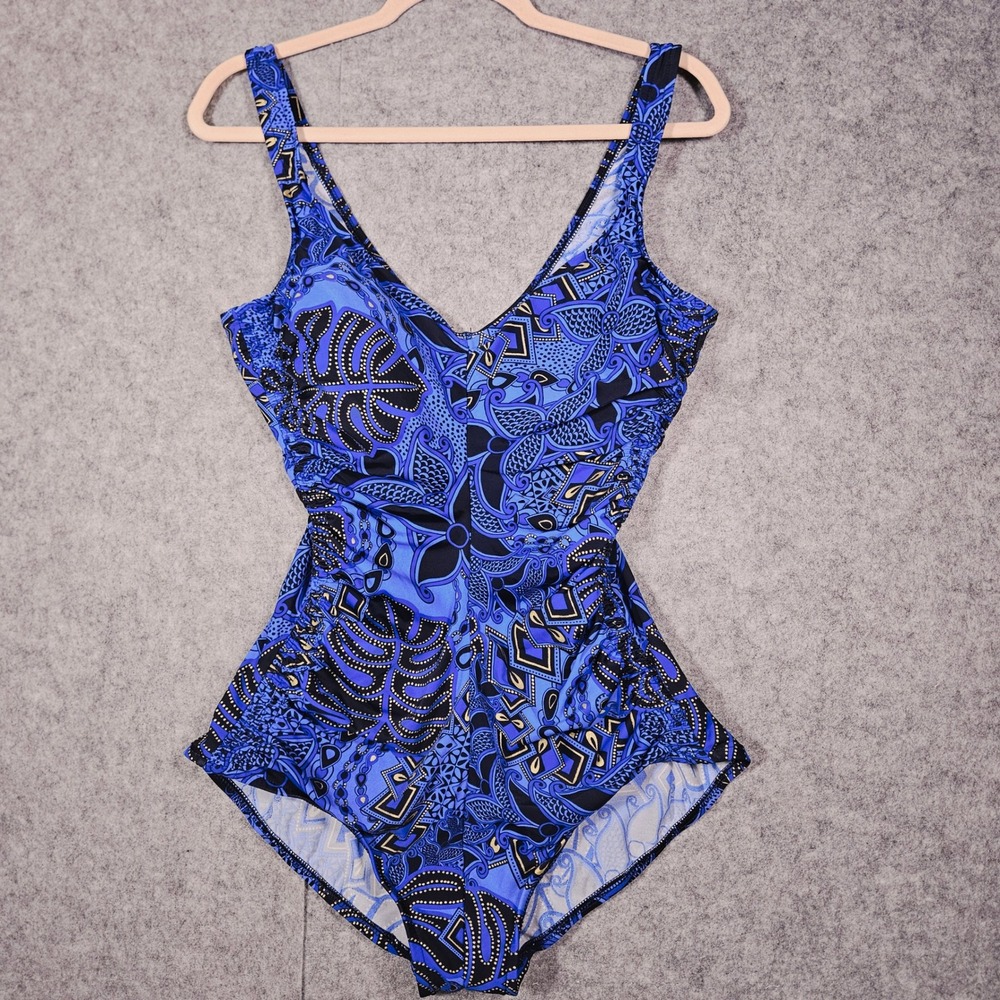 Womens Blue Geometric Ruched Swimsuit Snatched Beach Vacation Resort Size M